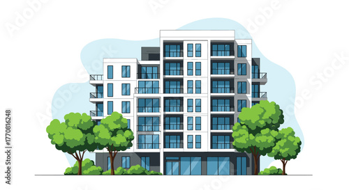 Modern residential and commercial apartment building featuring balconies and large windows, surrounded by green trees and bushes under a clear sky.