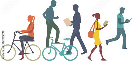 Diverse group of people engaged in various activities including cycling walking and reading on a white background Keywords: people, group, diversity, activity, lifestyle, urban, commuting, walking