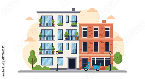 Modern flat illustration of a city street scene with diverse residential buildings, trees, and a scooter.