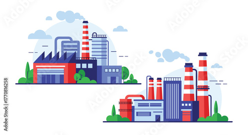 Two stylized industrial factory complexes with chimneys emitting smoke and various buildings, set against a simple sky backdrop.