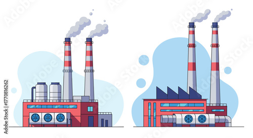 Two industrial factories with tall smokestacks emitting smoke, featuring tanks, vents, and modern structures against a stylized blue background.