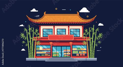A detailed vector illustration of a traditional Chinese market building, adorned with a classic orange tiled roof, red walls, and green bamboo.