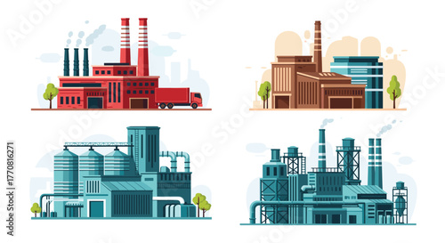 A collection of stylized flat vector illustrations depicting various industrial factories with smokestacks, silos, and logistic elements.