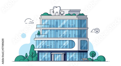 Modern dental clinic building with a large tooth sign on the roof, surrounded by trees and a bench, in a minimalist illustration style.