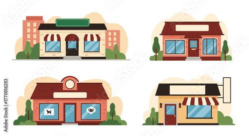 Charming cartoon-style illustrations of four different small business storefronts, representing retail, commerce, and local shops.
