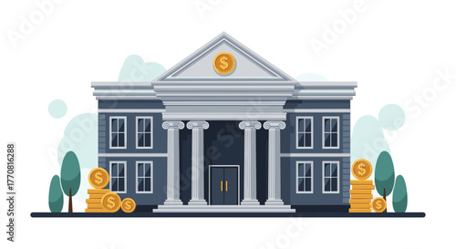 Flat vector illustration of a classical bank building with columns and a dollar coin, surrounded by stacks of gold money, symbolizing financial services and wealth.