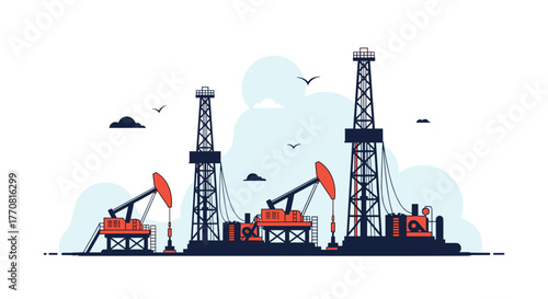 An illustration showing a group of oil rigs and pumpjacks on an industrial site, representing energy production and the fossil fuel industry.