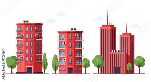 Urban landscape illustration featuring a set of modern red buildings, including apartment blocks and skyscrapers, with trees and clouds.