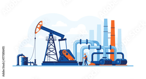 An oil worker cleans up near a pumpjack and pipelines at an industrial oil and gas production site.