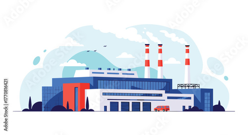 A modern industrial factory complex with blue, white, and red architectural elements, featuring three tall smokestacks emitting white steam.
