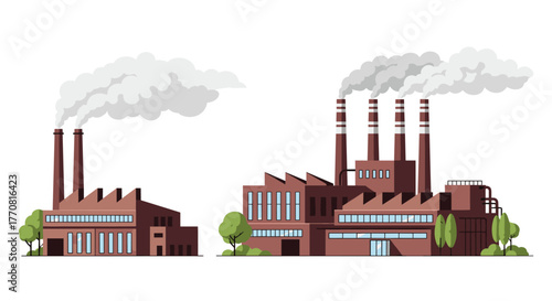 Illustration of two industrial factories with smoking chimneys, representing air pollution, manufacturing, and industrial activity.