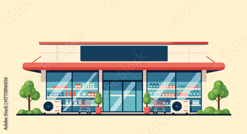 A vibrant vector illustration depicting the exterior of a modern grocery store or supermarket, complete with shopping carts and lush plants.