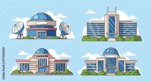 Stylized vector illustration showcasing four unique modern buildings, including a science center, corporate office, and administrative headquarters.