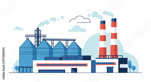 Modern industrial plant illustration with large silos, factory buildings, and smoking chimneys, depicting manufacturing and production.