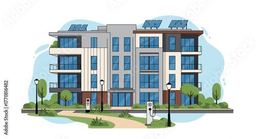 Contemporary apartment complex featuring rooftop solar energy and electric vehicle charging infrastructure for green living.