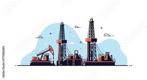 An illustration of an oil field with drilling rigs and a pump jack, representing energy production and the fossil fuel industry.