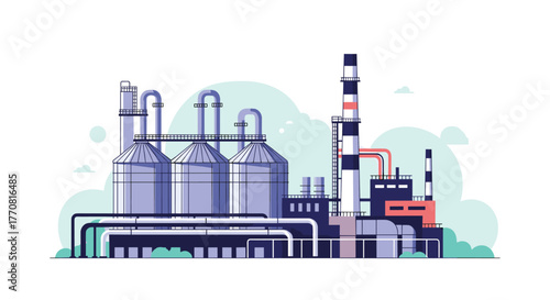 Modern industrial factory with multiple storage silos, interconnected buildings, and tall smokestacks, illustrating a chemical plant or energy production facility.