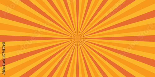 Bright orange and yellow sunburst background with radiating stripes, perfect for energetic designs and vintage graphic elements