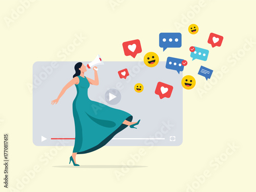 Woman in a flowing dress dances joyfully as social media notifications and emojis erupt from a video player screen