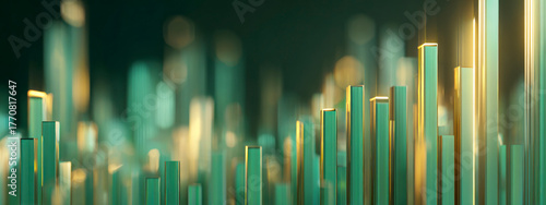 Abstract glowing 3D bars in green and orange tones, representing business analytics, digital finance, technology, and data growth concept. banner 