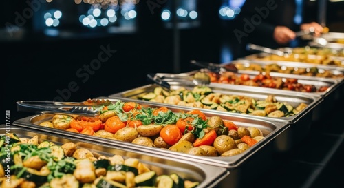 Rows of stainless steel chafing dishes filled with diverse cooked vegetables at a buffet