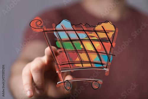 Hand pointing at a colorful...