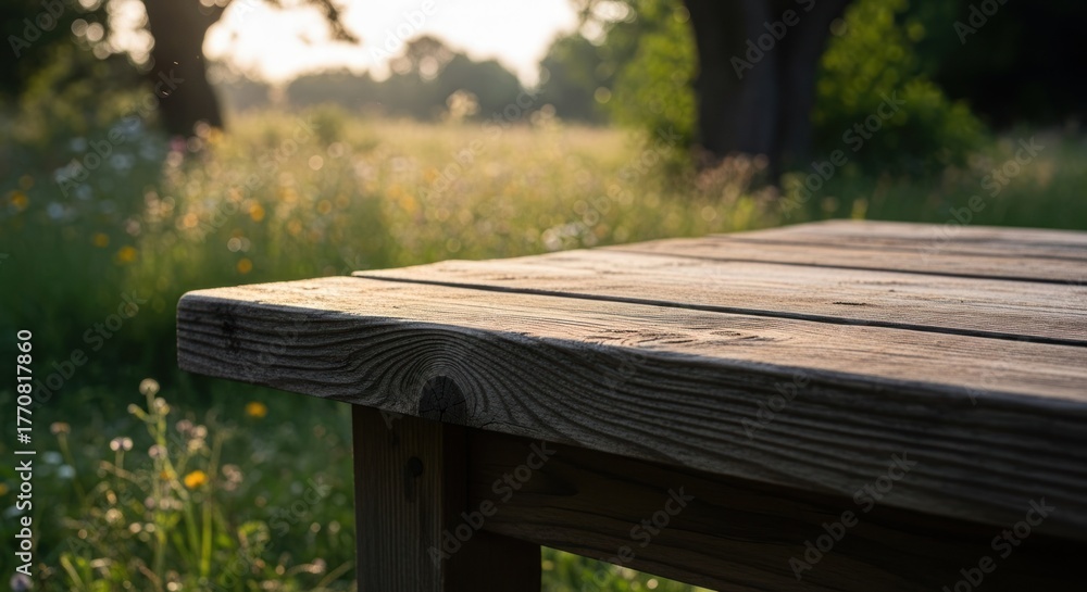 Fototapeta premium Rustic wooden table corner glows in warm sunlight, against a blurred golden meadow