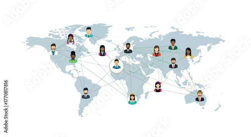 Global business connections with diverse team collaborating worldwide, showing international network, teamwork, and communication on world map, vector origin
