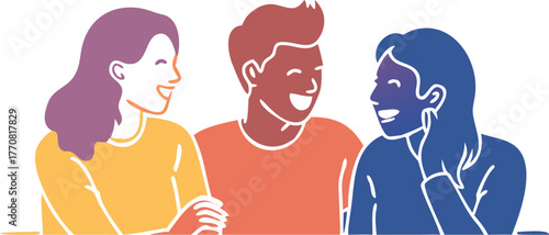 Three diverse friends in colorful stylized silhouettes engaged in a lively conversation on a white background Keywords: people, friends, group, diversity, conversation, talking, laughing, smiling