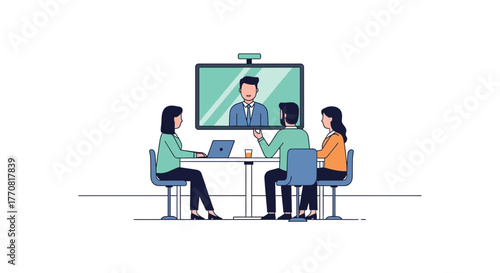 Team collaborating via video call for business success, connecting remotely, working together, achieving goals, modern workplace, communication, partnership