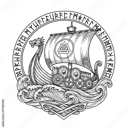 Viking Longship Sailing on Waves with Runic Inscription Artwork.