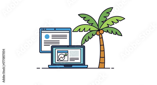 Modern digital nomad lifestyle with laptop and palm tree, showcasing remote work freedom and tropical vibes, ideal for travel and tech focused ventures