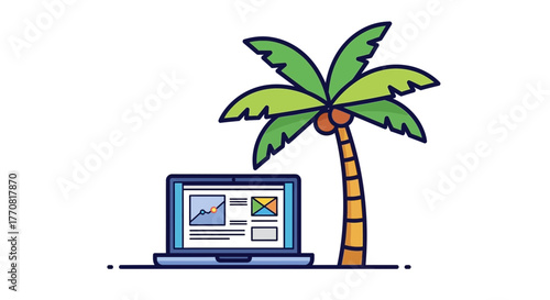Work remotely from paradise with this fun laptop and palm tree design, perfect for digital nomads and freelance creatives needing a tropical vibe for projects