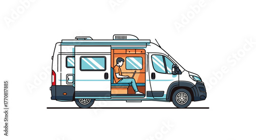 Freelancer working remotely from a campervan, embracing the digital nomad lifestyle with freedom and flexibility, perfect for travel and adventure blogs