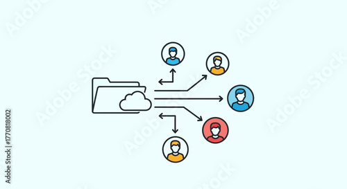Dynamic data flow concept connecting cloud storage to diverse user groups for seamless information sharing and collaboration.