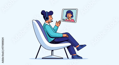 Professional consultant confidently engages in a video call, fostering client connection and collaborative solutions with positive remote communication.