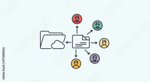 Dynamic team collaboration diagram showcasing data sharing and project management with diverse user icons connected to cloud storage.