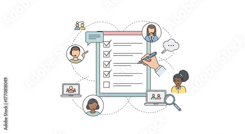 Diverse team collaborating on project checklist, strategizing tasks and achieving goals with modern technology and clear communication for business success.