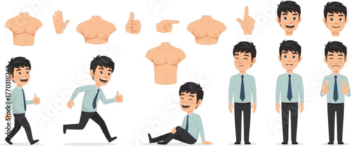 Happy asian man character. Set of hands legs body and head positions for creating animations and your own illustrations.