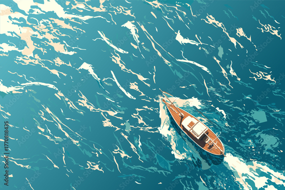 Fototapeta premium Top view of a yacht sailing on the sea, vector illustration