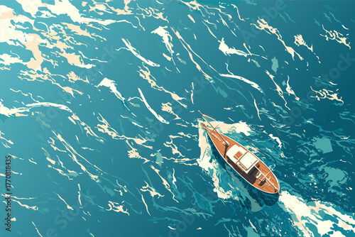 Top view of a yacht sailing on the sea, vector illustration