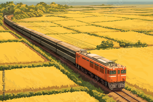 train traveling through fields during the day, vector illustration