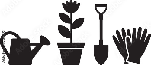 Black silhouette of gardening tools including a watering can a potted plant a shovel and gloves flower