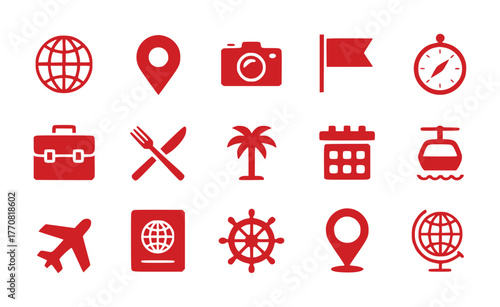 Collection of Red Travel and Vacation Icons on White Background