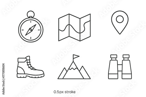 Outdoor adventure essentials including compass, map, location marker, hiking boots, mountain, and binoculars for exploration