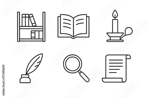 Bookshelves with decorations and writing tools create a cozy study environment for reading and research activities