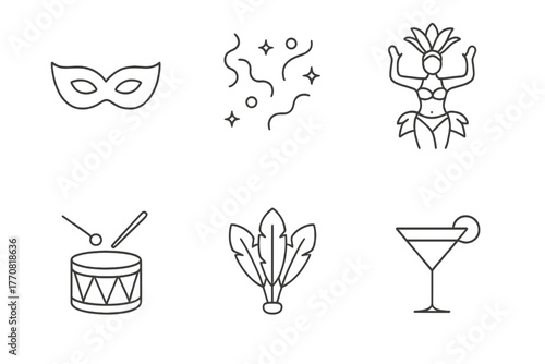 Festive carnival symbols featuring a mask, dancer, drum, feathers, and cocktail in a vibrant celebration setting