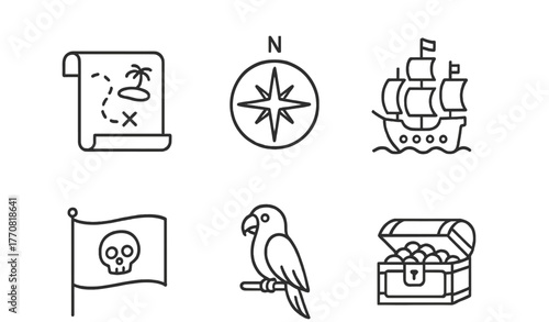Treasure map adventure includes a ship, compass, parrot, and treasure chest on a fun pirate theme