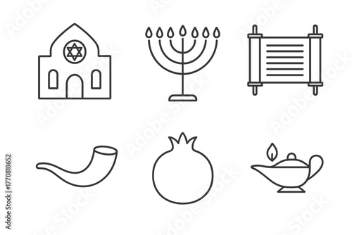 Symbols of Jewish tradition including a synagogue, menorah, Torah scroll, shofar, pomegranate, and oil lamp