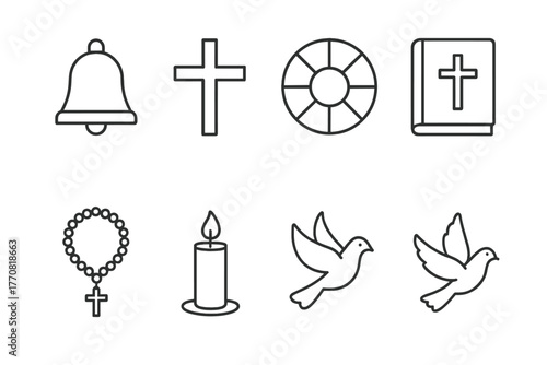 Collection of religious symbols including bell, cross, and dove in simple line art style